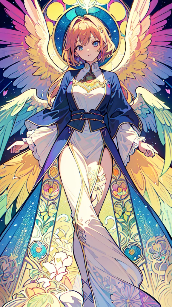 (Highest quality:1.2,Vector art:1.1,Vibrant colors,Stained glass,Beautiful vintage angel woman,A look of determination,(Wide open angel wings:1.1),Facing the Observer,Alphonse Mucha style,Complex floral background,Vibrant colors,Warm Tones,Soft lighting)