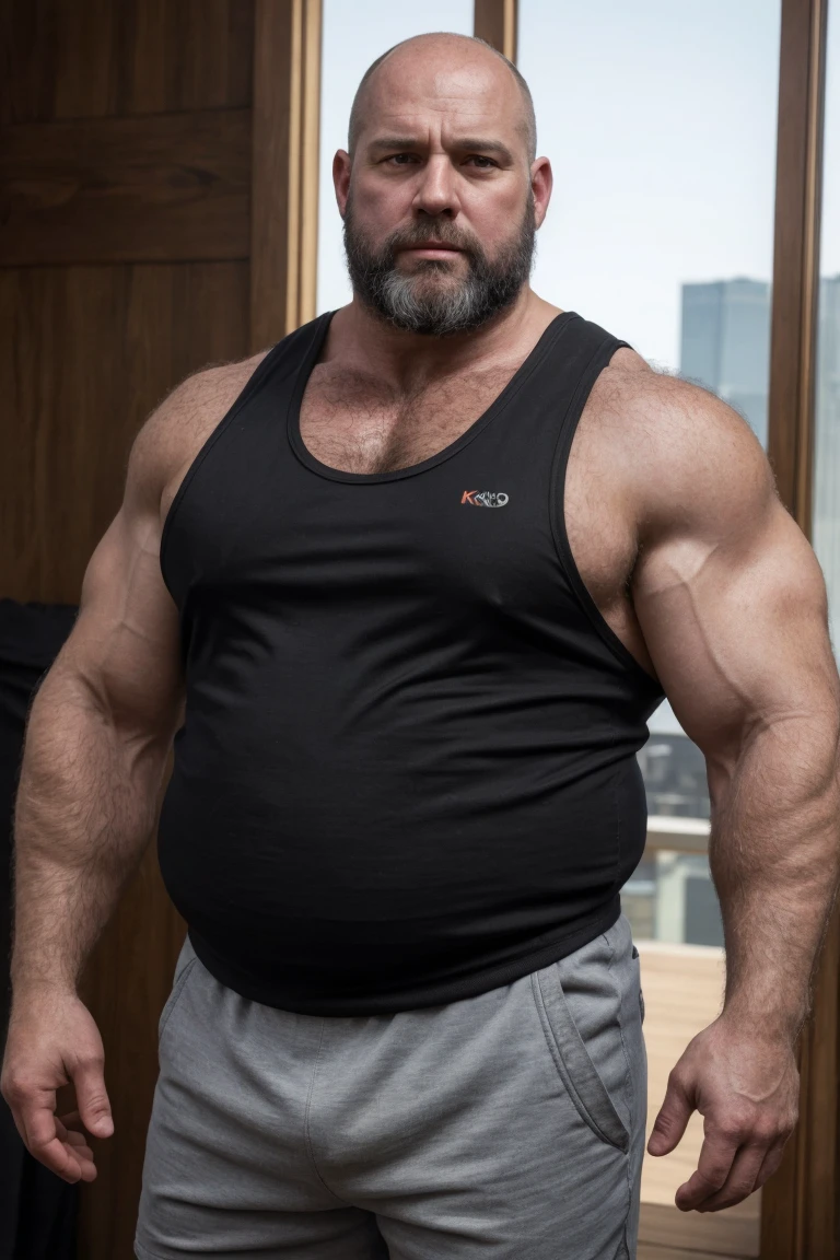 8K resolution very realistic An award-winning original photo，8K Very Realistic Accurate Bearded Big Bald Middle Aged Manly Chubby Fat Muscular Beefy Burly big belly hairy daddy bear man,( wearing an accurate shorts ),( wearing an accurate Black Singlet Cotton Vests Training Tank Top ),( 8K Very realistic Accurate shoulders), 8K very realistic accurate detailed shoulders, 8K Very Realistic Accurately detailed bearded big bald middle aged daddy bear big belly chubby muscular manly burly beefy hairy daddy bear man, 8K very realistic accurate beard, 8K very realistic accurate detailed beard, 8K very realistic accurate body hair, 8K very realistic accurate detailed body hair, 8K very realistic accurate mens clothing,8K very realistic accurate detailed mens clothing,( 8K Realistic Detailed face:1.3),8K very realistic accurate arms,8K very realistic accurate detailed arms, 8K very realistic accurate hands, 8K very realistic accurate detailed hands, 8K very realistic accurate elbows, 8K very realistic accurate fingers, 8K very realistic accurate detailed fingers, 8K very realistic accurate wrist, 8K very realistic accurate chest, 8K very realistic accurate burly belly, 8K very realistic accurate detailed burly belly, very realistic accurate detailed chest, 8K very realistic accurate pecs, 8K very realistic accurate pecs, 8K very realistic accurate thick neck, 8K very realistic accurate neck, 8K very realistic accurate detailed neck, 8K very realistic accurate detailed neck lines,8K very realistic accurate lips,8K very realistic accurate lips,8K very realistic accurate eyes,8K very realistic accurate detailed eyes, 8K very realistic accurate big burly body, 8K very realistic accurate detailed big burly body, volumetric lighting,( 8K Very High Best quality,8K A Very high resolution, 8K Very Photorealistic),8K very realistic accurate Intricate details,very accurate daddy bear photoshoot, 8k High hdr,8K Very Realistic upper body shot, 8k very realistic detailed upper body shot