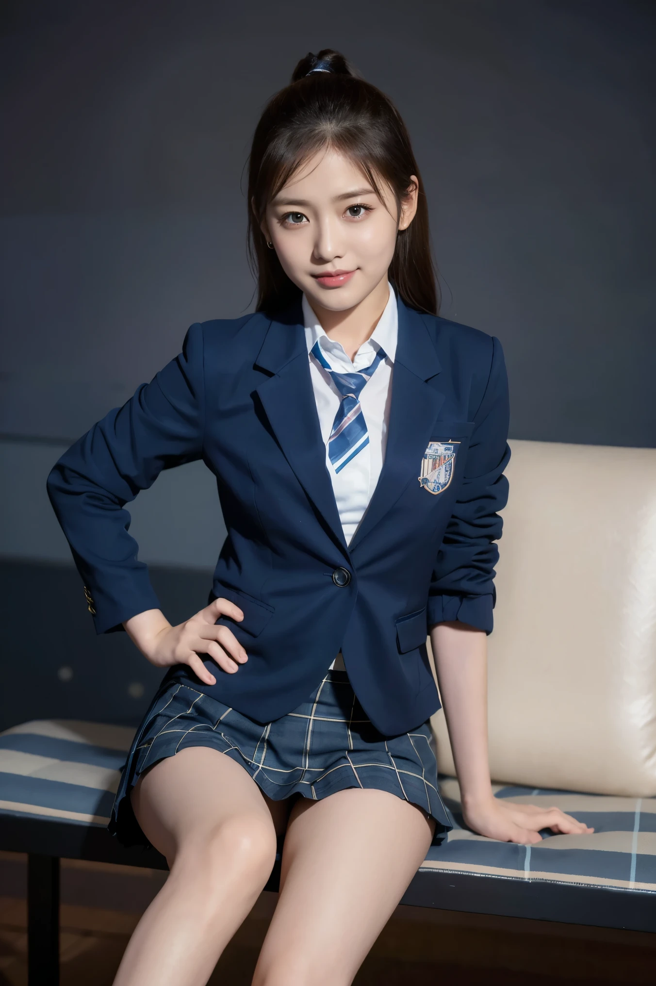 (8k), (highest quality: 1.2), (Realistic), (Realistic: 1.37), Ultra-high resolution, (1 girl), cute, blush,Embarrassed smile, Beautiful details, Beautiful Nose, straight Hair, Giant Dulcefo, pork, Thighs,Self Snap,University Uniforms,(A simple dark blue blazer:1.4),(Pleated skirt:1.2),(The skirt and tie are black tartan check pattern.:1.3),(Sitting:1), Sit on the bench,(Hold my feet:1),(Shiny 太い legs:1.2),from the front,knees,ニーハイタイツ