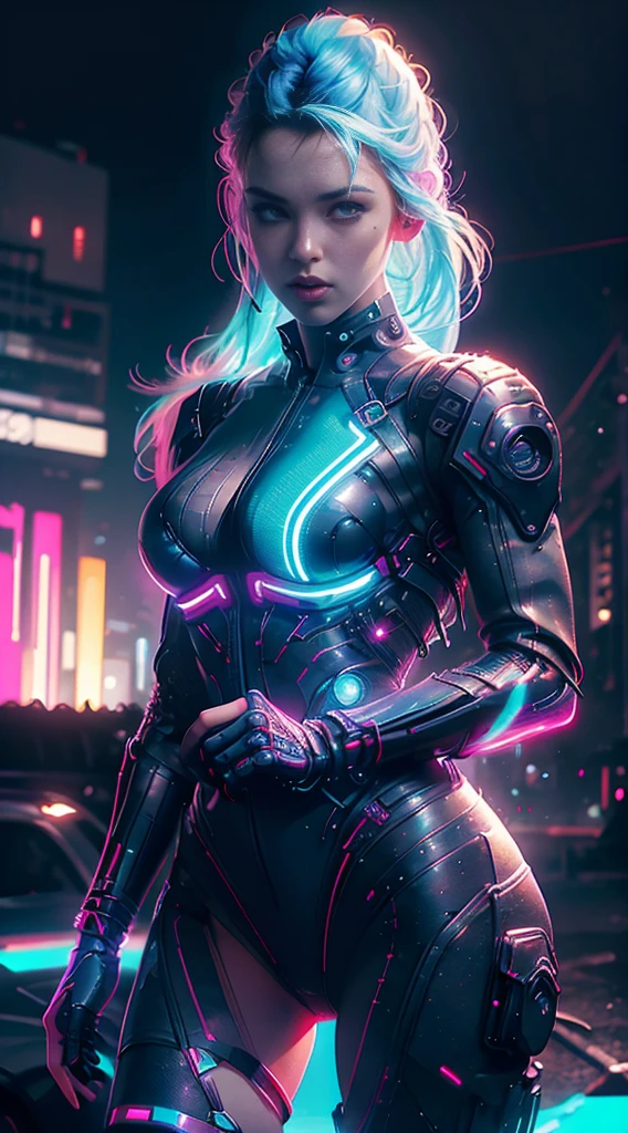 A girl，Dress up sexy，Future techwear，mechanical prosthesiechanical skeleton，  evening， A cyberpunk city in ruins， Neon Billboard， Better image quality， Maximum clarity and clarity， ultrarealistic realism， high detail， AFoFuturismo，Contrast of light and shadow， Cinmatic Lighting， ray tracing， Luz reFlectante， cowboy lens， F/4.0 ,blu hair big tits,neon lights , retroFuturistic mechanic suit ,muscle woman ,wings,hair iluminated with blue light neon