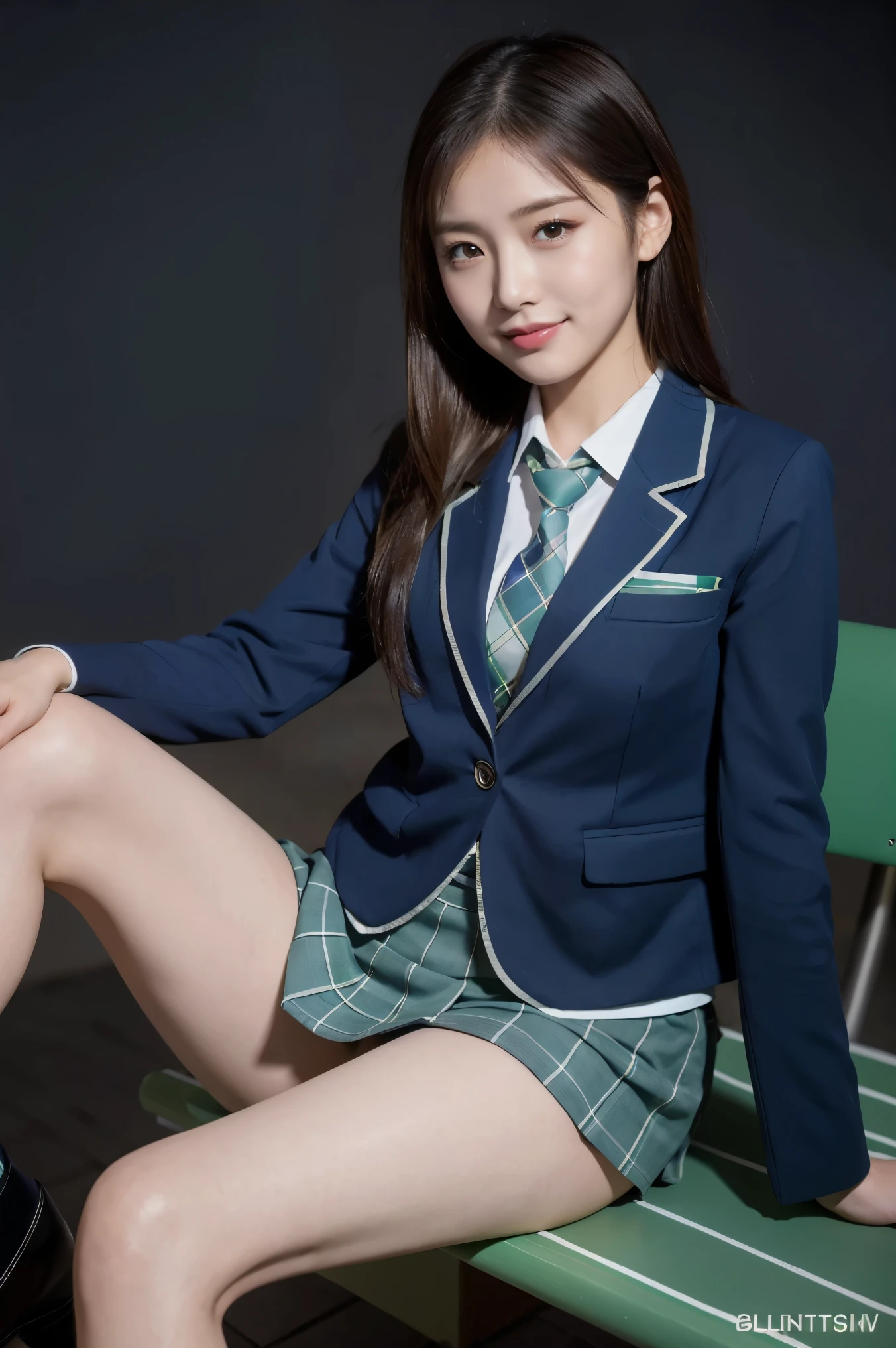 (8k), (highest quality: 1.2), (Realistic), (Realistic: 1.37), Ultra-high resolution, (1 girl), cute, blush,Embarrassed smile, Beautiful details, Beautiful Nose, straight Hair, Giant Dulcefo, pork, Thighs，Self Snap,University Uniforms,(A simple dark blue blazer:1.4),(green Pleated skirt:1.2),(The skirt and tie are black tartan check pattern.:1.3),(Sitting:1), Sit on the bench,(Hold my feet:1),(Shiny 太い legs:1.2),from the front,knees,(ニーハソックス:1.2)