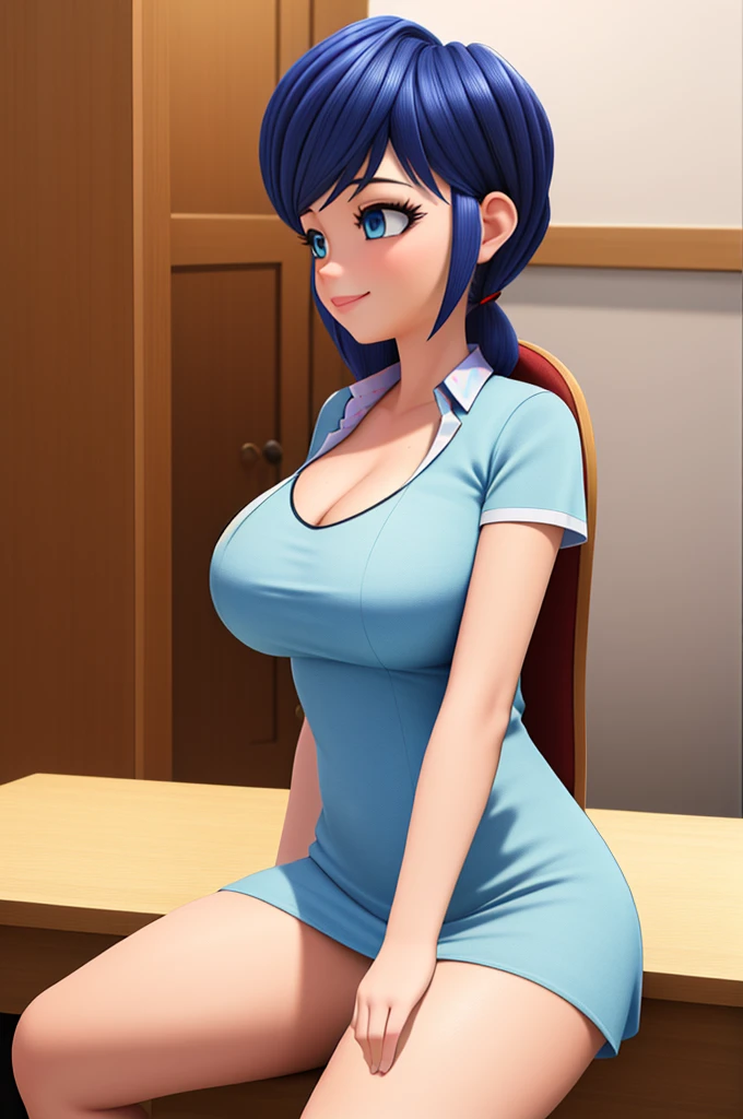 (8k, RAW photo, best quality, masterpiece:1.2), (intricate details), perfect eyes, perfect face, perfect lighting, beautiful, (masterpiece:1.2), (best quality:1.2), 1girl, Marinette, blue hair, ((short flowing hair)), adult torso, 19 years old, slight smile, huge sized breasts, cowboy shot, 3DMM, sitting on desk, business dress, side view,