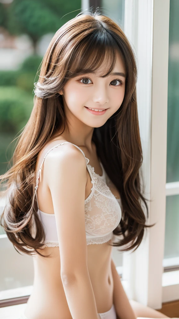 highest quality, shape, Very detailed, finely, High resolution, 8K Wallpaper、(Cute beautiful girl, High aesthetic sense, highest quality, masterpiece, Very detailed:1.2), (software), BREAK, Girl has healthy skin and pretty smile beauty beautiful face and glossy lips、Slim and busty、It has a very detailed and beautiful silhouette., Pale-skinned Japanese、Her silky soft hair is long and loosely permed.、Popular hairstyles in Harajuku、Brown hair leaning towards black、20 year old girl、Sexy and cute、Beautifully detailed face、Perfect and beautiful face,Big eyes、Perfect and beautiful double eyelids、Perfect and beautiful face、Feminine poses、Beautifully detailed face、smile, Loafers、high socks、Wallpaper that shows the whole body、A slightly embarrassed smile、Navel exposure、In underwear、valley