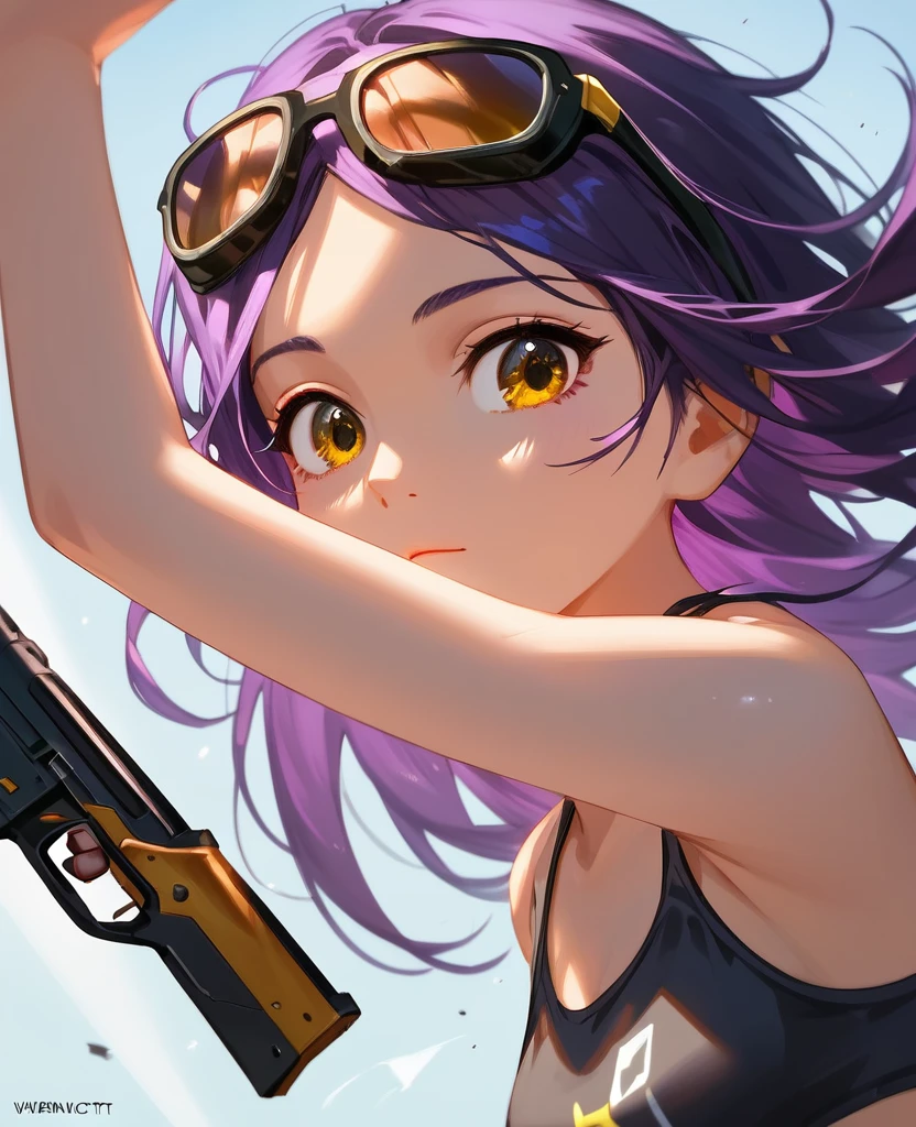 score_9, score_8_Excellent, cute brown skin girl, Sexy Body, wavy purple hair [Shades of black], Golden Eyes (Shiny), With a pistol, Jumping, Sniper Equipment, Valorant Riot Games, Round face, Realistic lighting, Radio City, close.