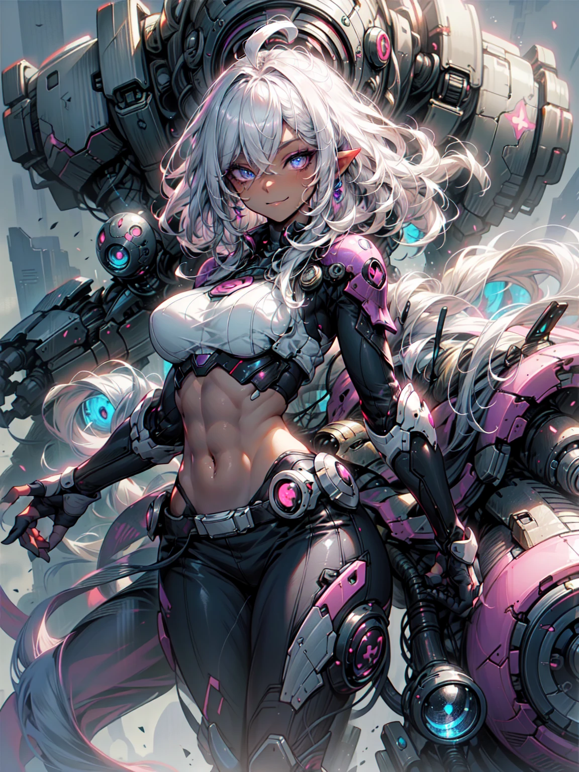 Nice views,Colorful colors,Unreal Engine,8K resolution,masterpiece,Rainbow Skin,Mirror reflection,Ray tracing effect,Black Silk,Imperial daughter,Mature Woman,Tight Suit,Huge ,Short skirt,ｋｋ,Intricate details,Fantasy Concept Art,Gray Hair,goth style，Cyberpunk Me，CGiStation Trend，Gweitz，Russell Dongjun Lu，Digital Cyberpunk Anime Art，Lost at 8k，Gweitz art station pixiv ，Mecha Network Armor Girl、Blake、Dark Elf), (1 Girl), alone, Perfect Face, become close, Ahoge, ((Long Hair:1.2)), (Hair above one eye:1.3), [[Messy Hair]], Shiny blonde white hair, Purple eyes, Variegated eyes, Colorful Hair, Shining Eyes, Bright Eyes, Face imprint, (eyelash, eye shadow, pink eye shadow), smile, Design Art：Haruhiko Mikimoto, by Kawashi, By Yoshitaka Amano, break、 ((Perfect Anatomy)), Nice body, Medium Chest, (very become close指), Best Hand, Perfect Face, Beautiful Face, Beautiful Eyes, Perfect Eyes, (Perfect Fingers), Correct Anatomy, ((Dark Skin:1.2)), break ((Perfect Anatomy)), Perfect body, Abdominal muscles, Big Breasts, (perfect hそしてs), Perfect Face, Beautiful Face, Beautiful Eyes, Perfect Eyes, (Perfect Fingers, Thin fingers), Correct Anatomy,