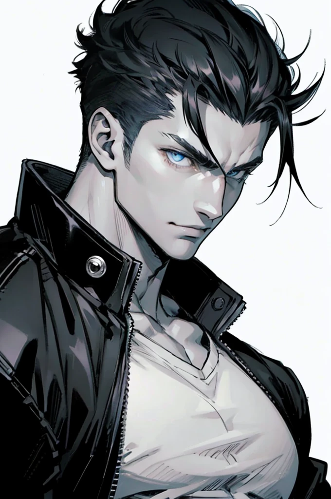 blue eyes, Not shiny, more children, black hair, muscle , handsome