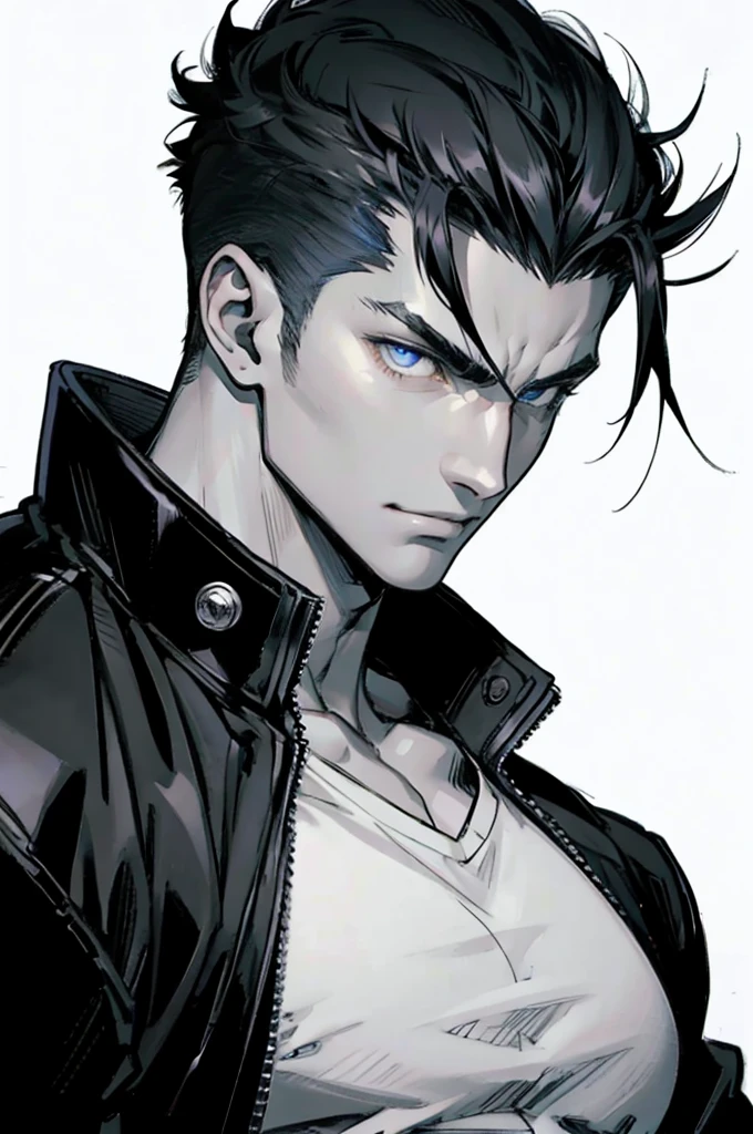 blue eyes, Not shiny, more children, black hair, muscle , handsome