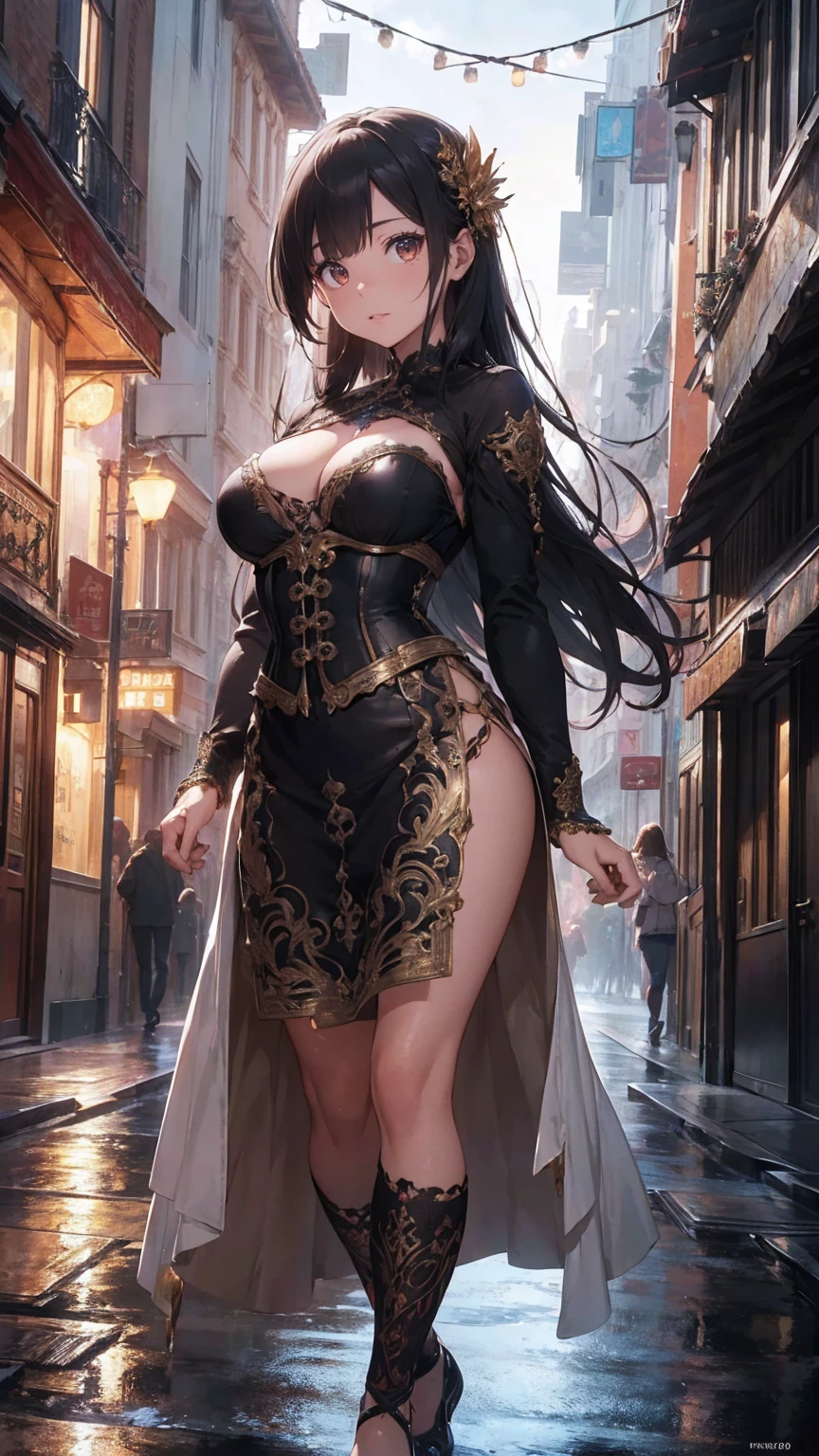 arafed woman with bustier gigantic breast in a flame corset and flame dress in front of a building, wearing an ornate outfit, ornate dress, intricate dress, elegant flame corset, ornate and elegant, extravagant dress, inspired by Hedi Xandt, ornate attire, intricate outfit, ornate royal gown, ornate clothing, ornate gown, intricate and elegant, intricate detailed dress, ornate , royal dress, detailed hand, detailed finger, Fire wings, Fire element, masterpiece, best quality:1.2),,(8k,highres,RAW photo,realistic,photo-realistic:1.3),(detailed skin texture,detailed cloth texture,beautiful detailed face:1.25),professional lighting,photon mapping,beautiful soft light,radiosity,physically-based rendering,raytracing, model shoot style, model shoot style, (extremely detailed CG unity 8k wallpaper), full shot body photo of the most beautiful artwork in the world,