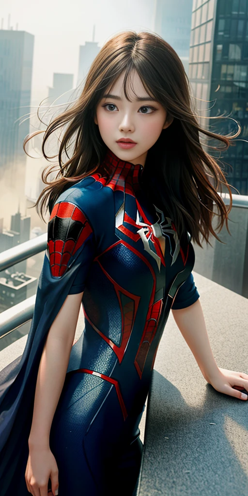 (1girl:1.3), Solo, (((Very detailed face)))), ((Very detailed eyes and face)))), Beautiful detail eyes, Body parts__, Official art, Unified 8k wallpaper, Super detailed, beautiful and beautiful, beautiful, masterpiece, best quality, original, masterpiece, super fine photo, best quality, super high resolution, realistic realism, sunlight, full body portrait, amazing beauty, dynamic pose, delicate face, vibrant eyes, (from the front), She wears Spider-Man suit, red and black color scheme, spider, very detailed city roof background, rooftop, overlooking the city, detailed face, detailed complex busy background, messy, gorgeous, milky white, highly detailed skin, realistic skin details, visible pores, clear focus, volumetric fog, 8k uhd, DSLR, high quality, film grain, fair skin, photo realism, lomography, futuristic dystopian megalopolis, translucent