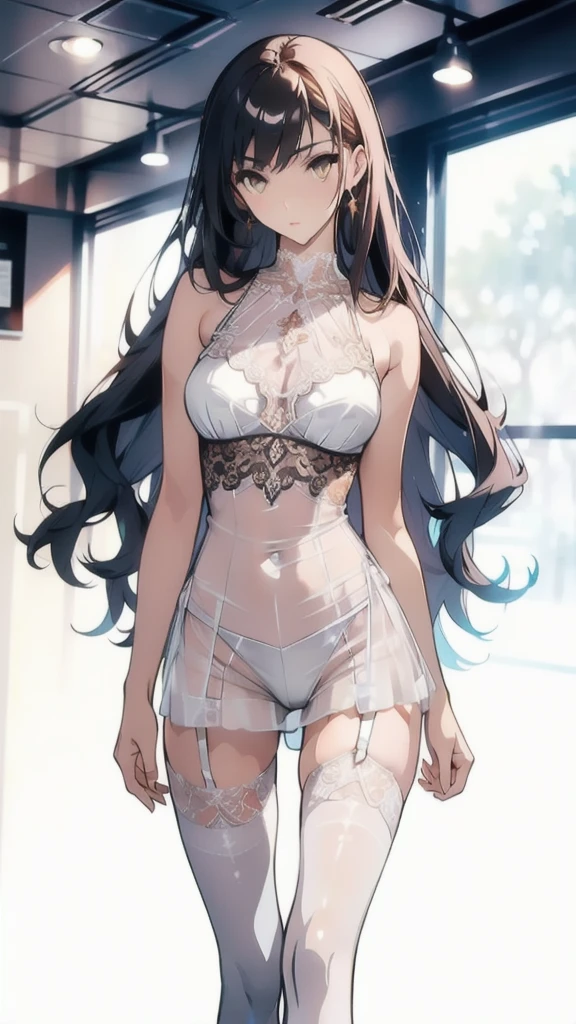 ((masterpiece, best quality)), Delicate face,student,whole body,Standing picture,Long legs,natural breast,Perfect body proportions,Pretty golden eyes,Extremely beautiful,transparent, Pure white background,Erotic_lingerie,Lace,Garter stockings