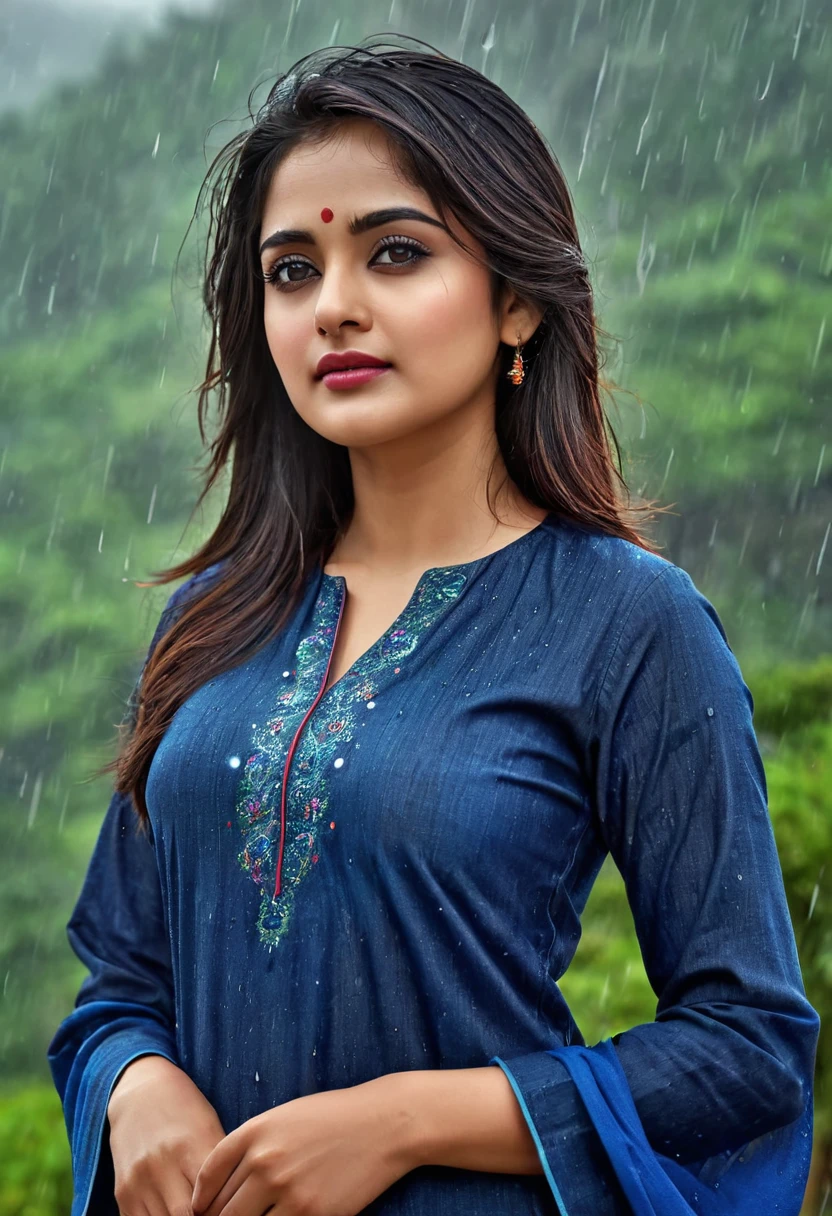 "(best quality,highres), Indian woman at hill station, raining, wearing Kurta & jeans, beautiful detailed eyes and lips, long eyelashes, realistic rendering, vibrant hues, high resolution, ultra-detailed, realistic rendering, high-resolution masterpiece, ", (woman's appearance is curved and attractive),
