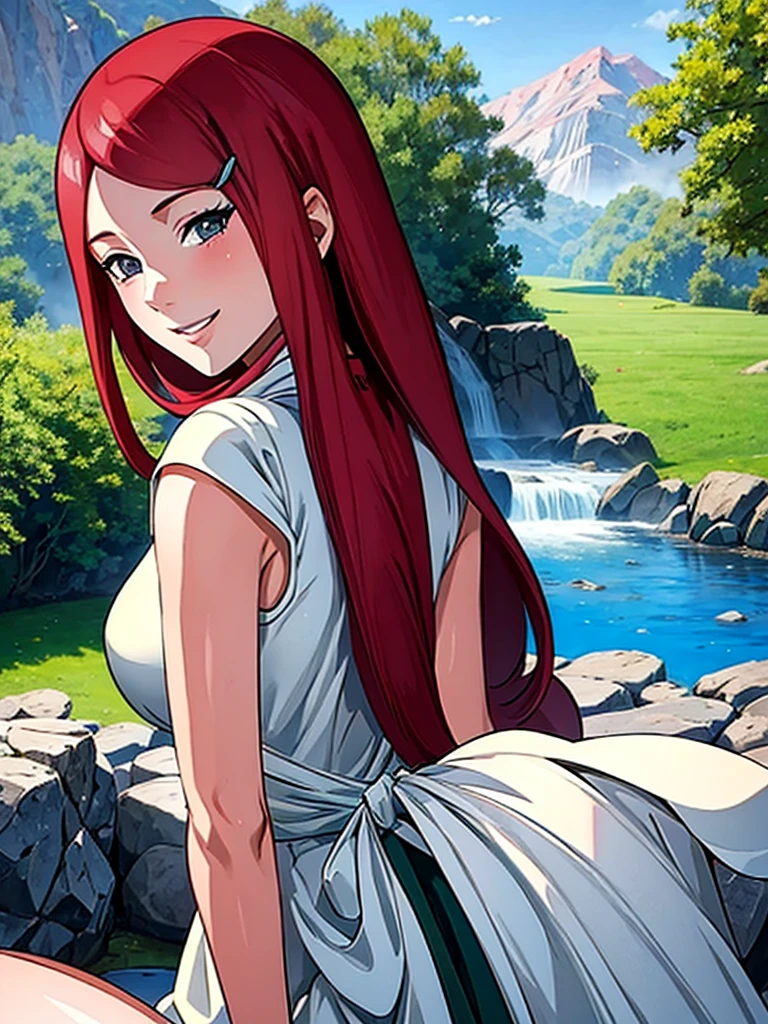 Scroll_Kushina, big deal_breast, permanent, alone, Kushina_green_skirt, masterpiece, best quality, Detailed face, delicate eyes, high resolution, Smile, happy, Cherry tree, hot spring, Reality, point of view,