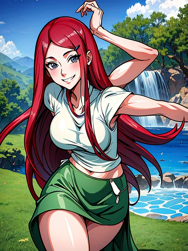 Scroll_Kushina, big deal_breast, permanent, alone, Kushina_green_skirt, masterpiece, best quality, Detailed face, delicate eyes, high resolution, Smile, happy, Cherry tree, hot spring, Reality, point of view,