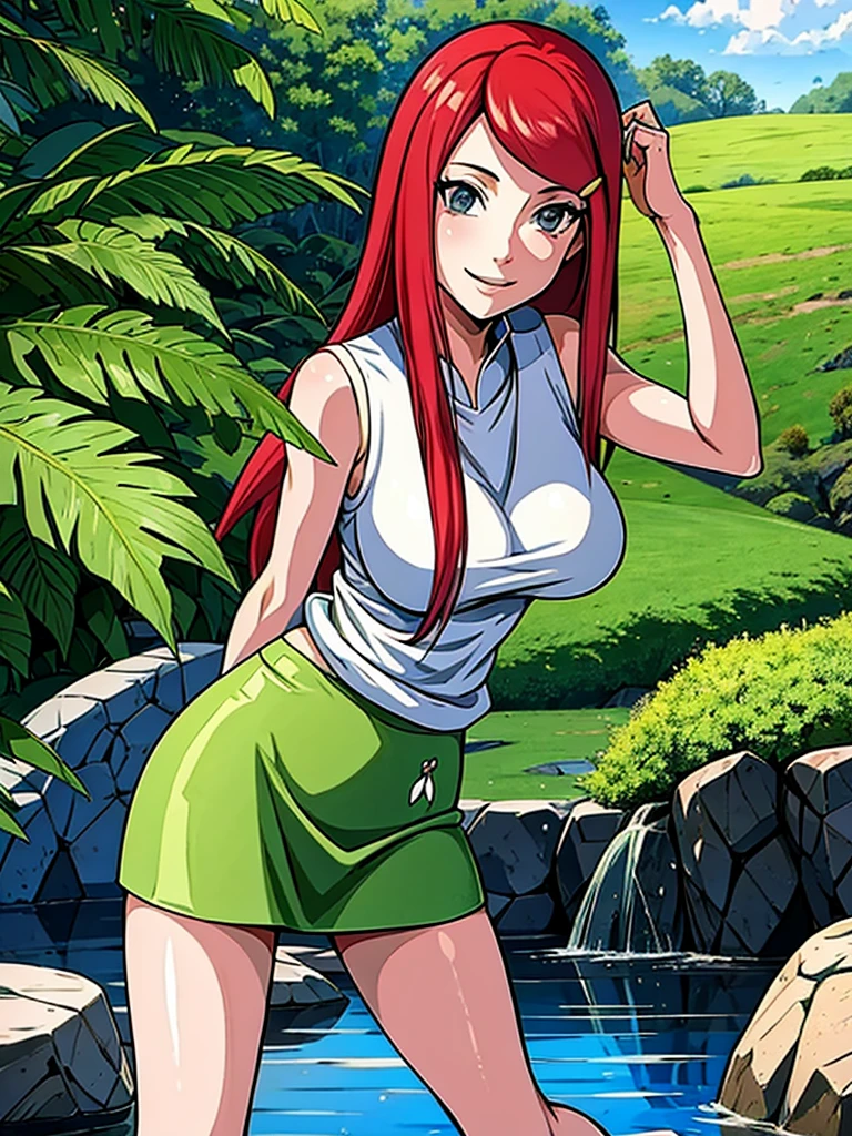 Scroll_Kushina, big deal_breast, permanent, alone, Kushina_green_skirt, masterpiece, best quality, Detailed face, delicate eyes, high resolution, Smile, happy, Cherry tree, hot spring, Reality, point of view,