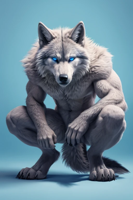 Perspective from below wolf naked male furry legs apart looking down blue background squat pose blue eyes serious look claws on knees fluffy tail scars