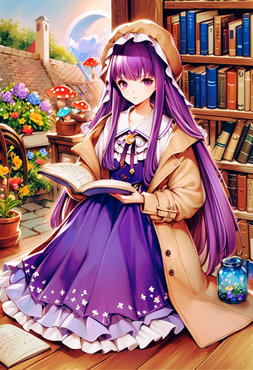 1 girl, book, Knowledge about patchouli, crescent, alone, have, set, flower, purple eyes, streaks set, long hair, bookshelf, mushroom, purple hair, decorated clothing, sit, streaks, Internal Load, jar, shelf, lace, food, bow, overcoat,traditional media,