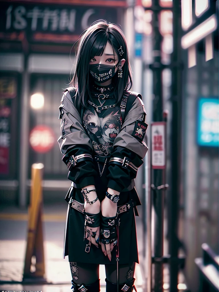 Highest quality、8K、masterpiece：1.3、Gothic Punk、The inside color is red、Black-haired、hair ornaments、Beautiful girl、creative、Dark Fantasy Style、Neogoth、Goth Fashion：1.2、High resolution、masterpiece、Highest quality、頭w:1.3、((Hasselblad Photos))、Fine skin、Sharp focus、(Cinematic lighting)、Realistic textured hair、((Black Mask)),Esbian all over、((View from below))