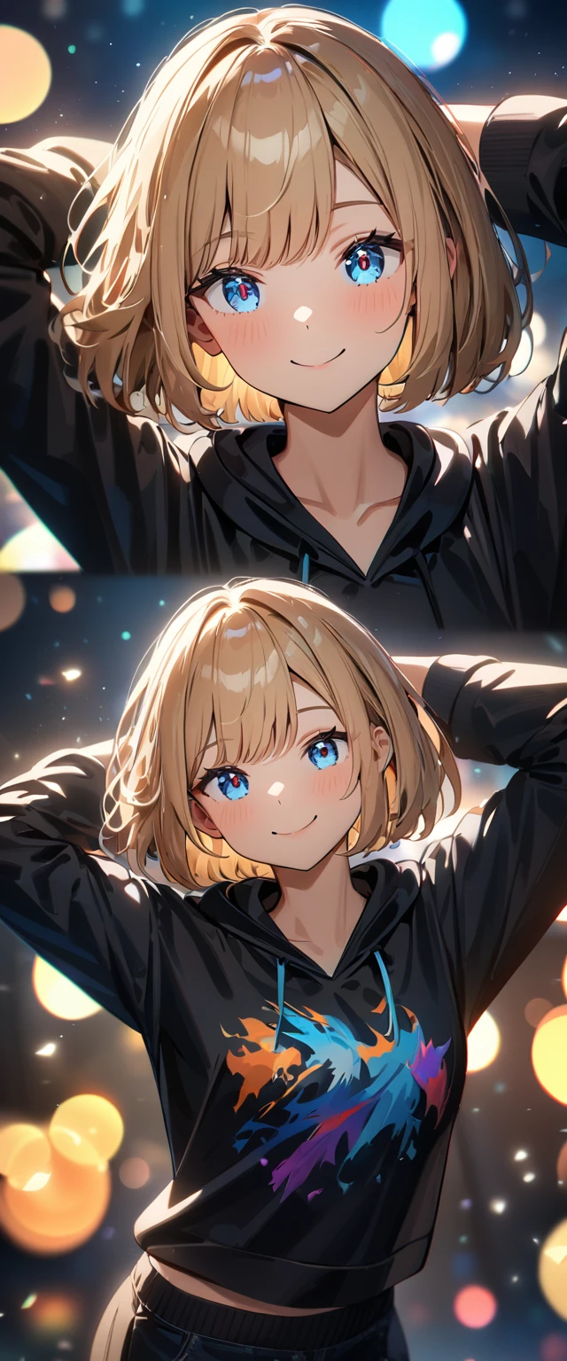(((One girl))), blond hair, bob cut, (upper body), (looking at viewer), breasts, teenager, head tilt:1.3, (((blue eye))), (from side), arms behind head, ((happy smile)), black hoodie, black shorts, anime style, (best quality, 4k, 8k, highres, masterpiece:1.2, ultra-detailed, ultra-detailed eyes, HDR, UHD, studio lighting, ultra-fine painting, sharp focus, physically-based rendering, extreme detail description, professional, vivid colors, bokeh)