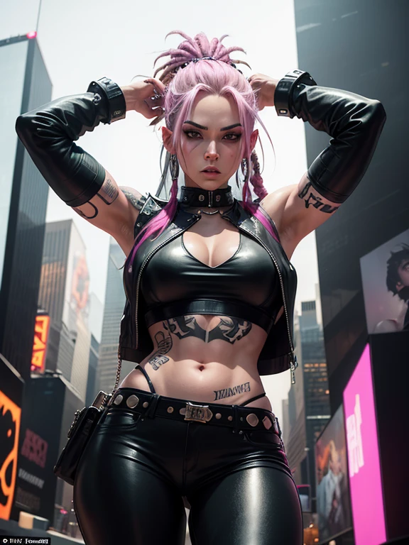 in NYC, Times Square, 25 year old woman in wolf style, from DC comics, with dreadlocks, intergalactic anti-heroine, known for her cruelty and sarcastic behavior.. He is depicted as an alien humanoid with pale white skin., long black dreadlocks, and super muscular physique in tight black leather pants.. His bright red eyes give his appearance a menacing cast... Often dressed in an open black leather vest., Tight pants, and heavy boots, he has a punk rock look. With tattoos and scars all over my body, emphasizing his seasoned character.,