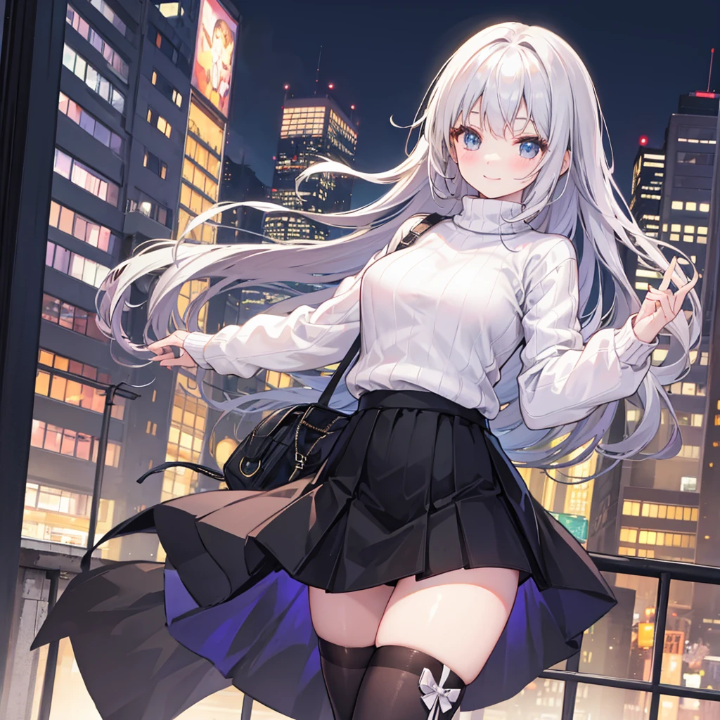 Knitted sweater，skirt，black tights，Night in the city，smile