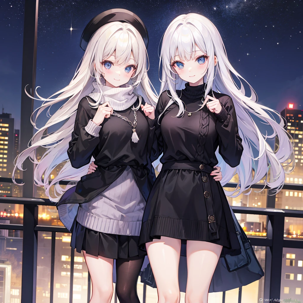 Knitted sweater，skirt，black tights，Night in the city，smile