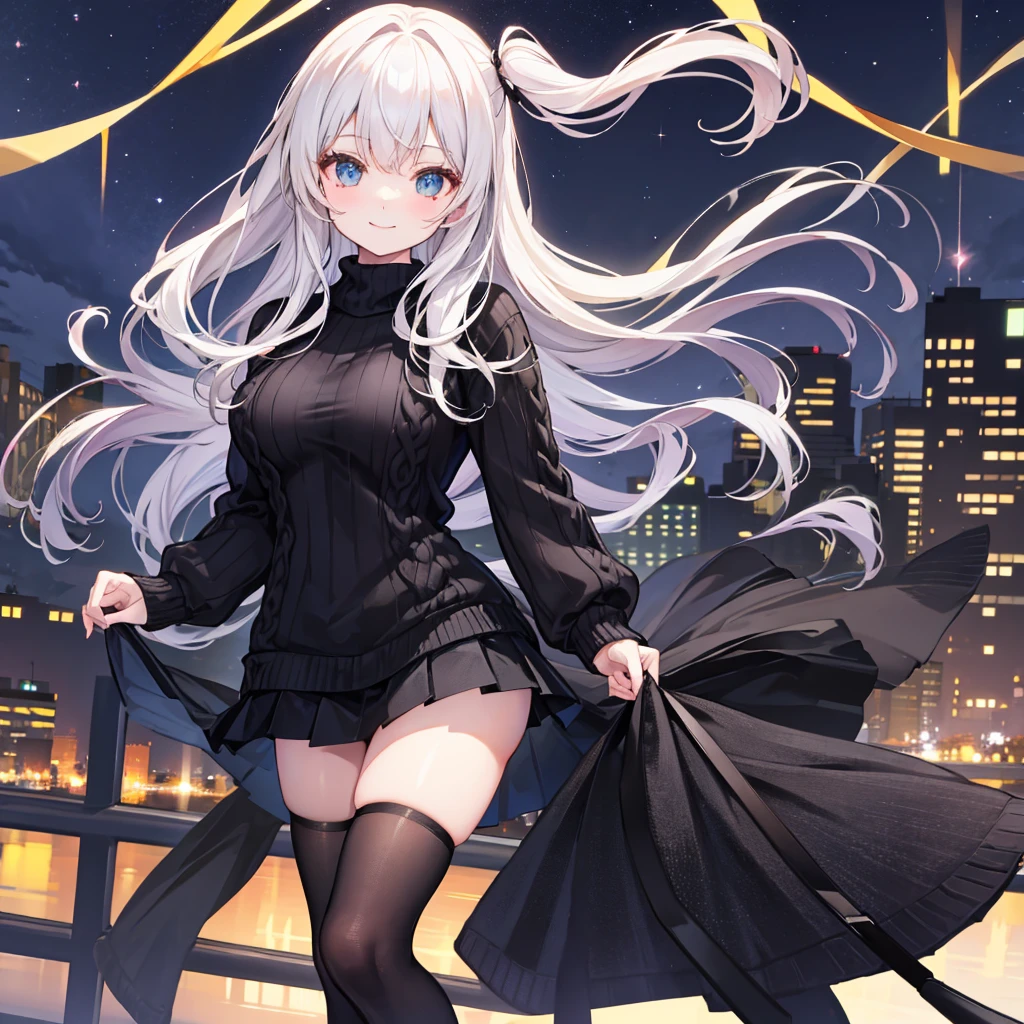 Knitted sweater,skirt,black tights,Night in the city,smile