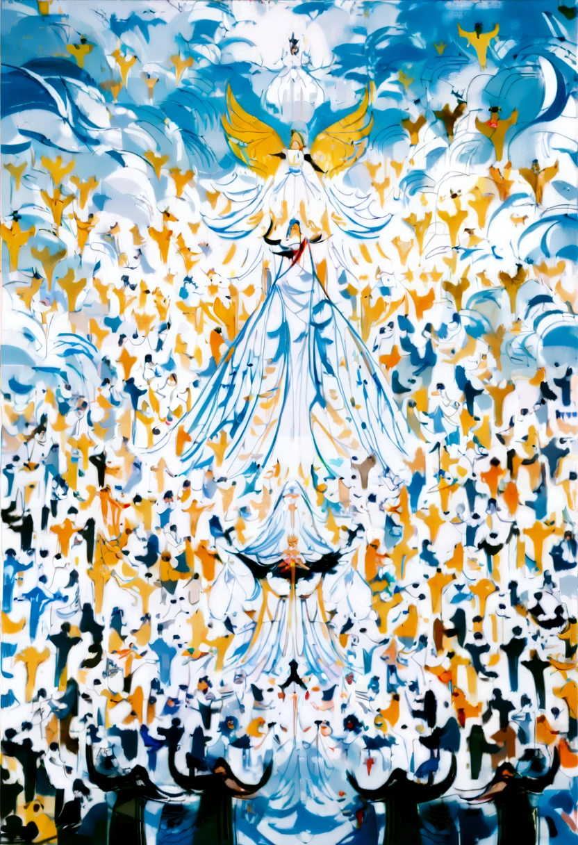 O Arrebatamento ,thousands of people are floating in the air,standing in the clouds, thousands of people are dressed in white, Raise your hands and sing hymns to praise God. the scenes are magnificent and surreal. (best qualityer, 4K, 8K, high resolution, work of art:1.2), ultra detali, (realisitic, fotorrealisitic, realisitic:1.37), Portrait of a, bright coloured, illuminated studio, sharp focus, physics-based rendering, extreme detailed description, biblical topics, grand ambience, radiant light.