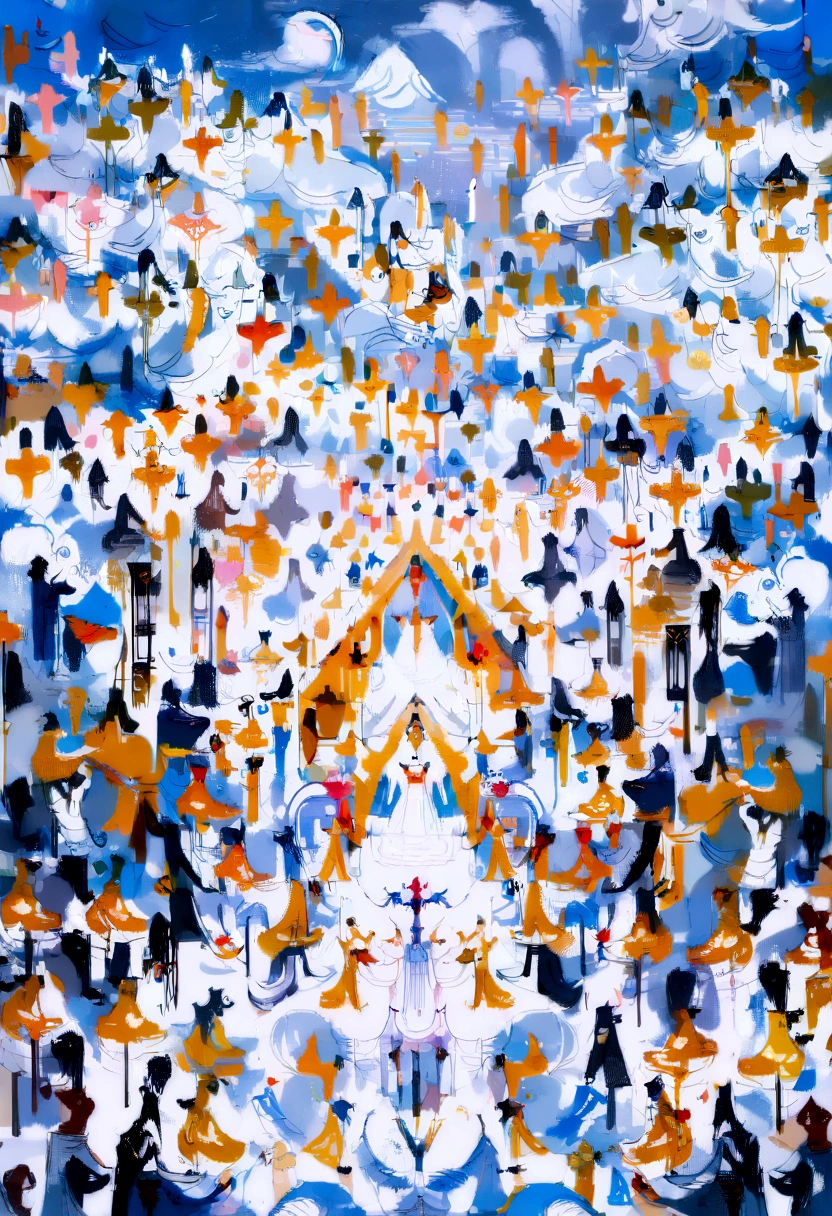 O Arrebatamento ,thousands of people are floating in the air,standing in the clouds, thousands of people are dressed in white, Raise your hands and sing hymns to praise God. the scenes are magnificent and surreal. (best qualityer, 4K, 8K, high resolution, work of art:1.2), ultra detali, (realisitic, fotorrealisitic, realisitic:1.37), Portrait of a, bright coloured, illuminated studio, sharp focus, physics-based rendering, extreme detailed description, biblical topics, grand ambience, radiant light.