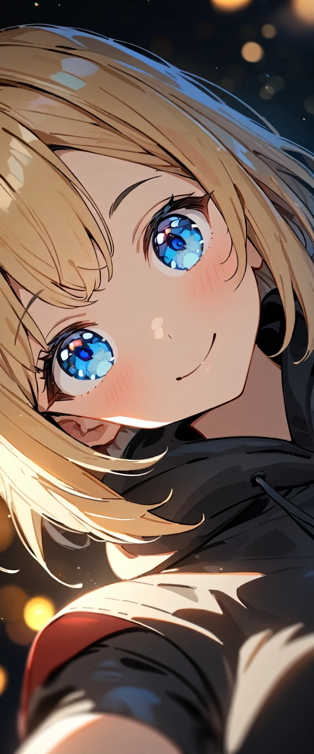 (((One girl))), blond hair, bob cut, (upper body), face in focus, (looking at viewer), , teenagetilt:1.3, (((blue eye))), tareme, (from side), selfie, reaching, ((happy smile)), black hoodie:1.3, black shorts:1.3, anime style, (best quality, 4k, 8k, highres, masterpiece:1.2, ultra-detailed, ultra-detailed eyes, HDR, UHD, studio lighting, ultra-fine painting, sharp focus, physically-based rendering, extreme detail description, professional, vivid colors, bokeh)