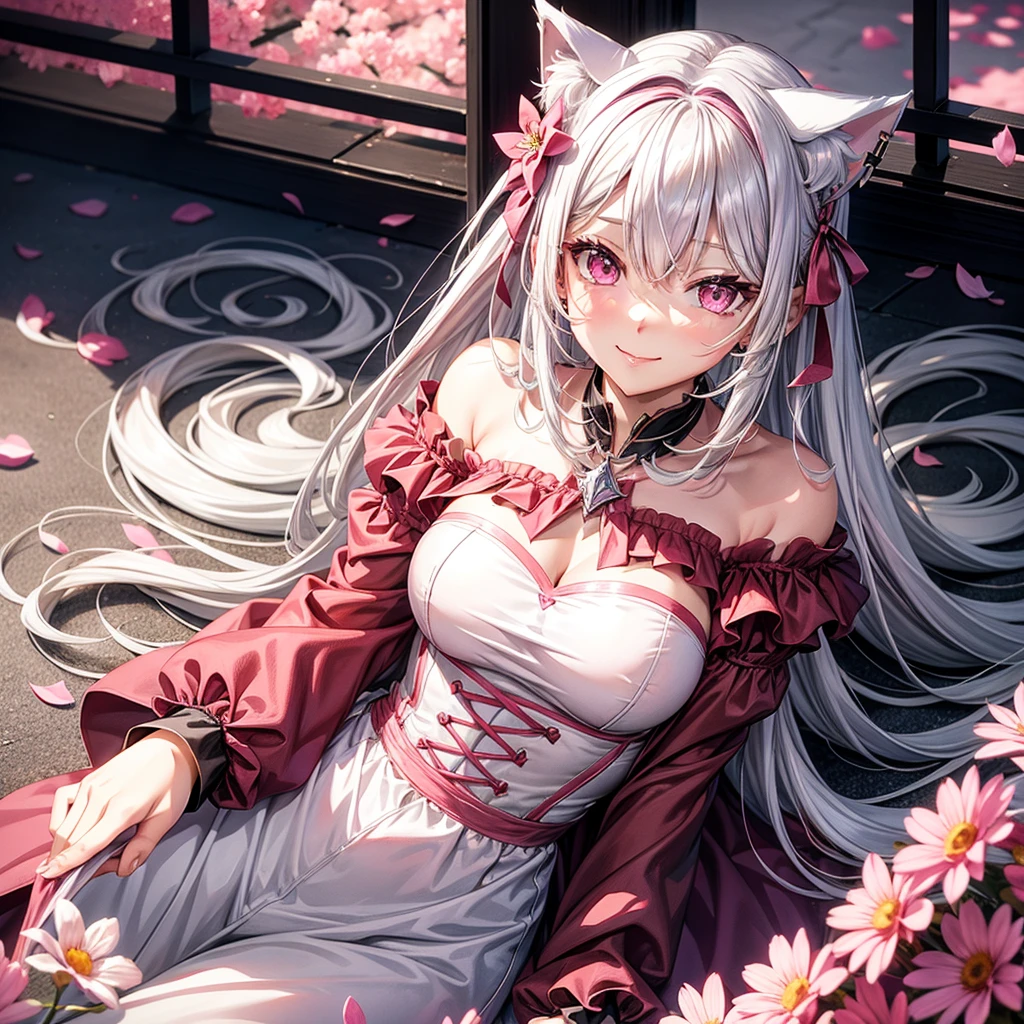 Silver hair, pink eyes, body, cat ears, sexy girl, earrings, flower sky background, pink red uniform, hair bows, lay down, happy face