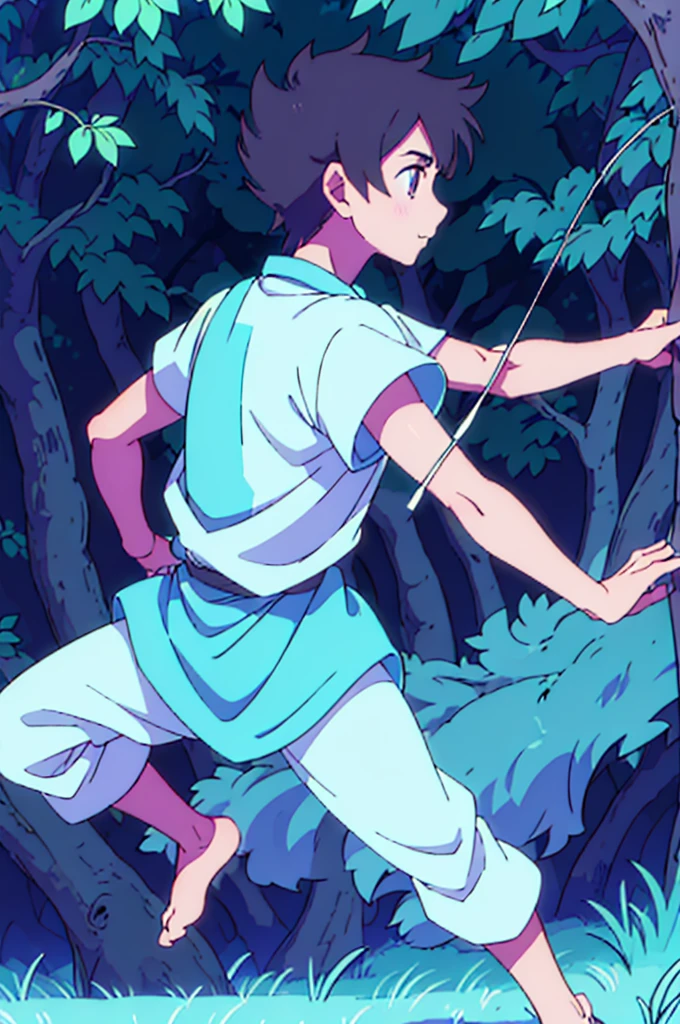 A boy of medium height with a pale complexion practicing archery in the forest (right profile focus) brown hair light brown eyes wearing a blue tunic and brown pants without shoes standing on the grass shooting at a target