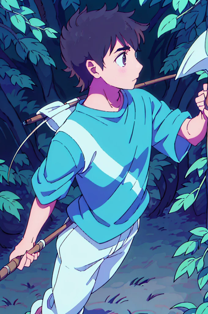 A boy of medium height with a pale complexion practicing archery in the forest (right profile focus) brown hair light brown eyes wearing a blue tunic and brown pants without shoes standing on the grass shooting at a target