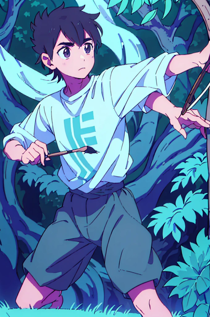 A boy of medium height with a pale complexion practicing archery in the forest (right profile focus) brown hair light brown eyes wearing a blue tunic and brown pants without shoes standing on the grass shooting at a target