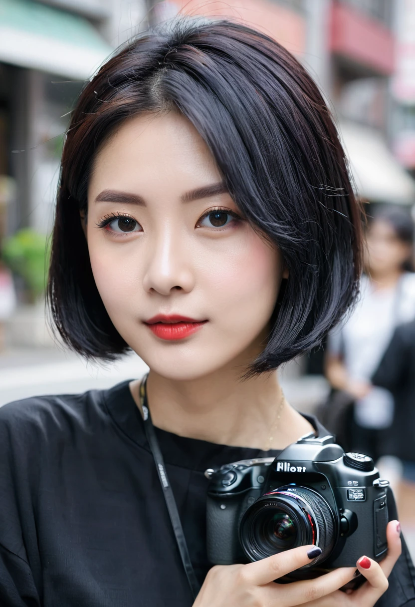 camera、SLR、video camera、There are many casually dressed women.、The hairstyle is a short bob.、color is black、The location is a city.、deadpan