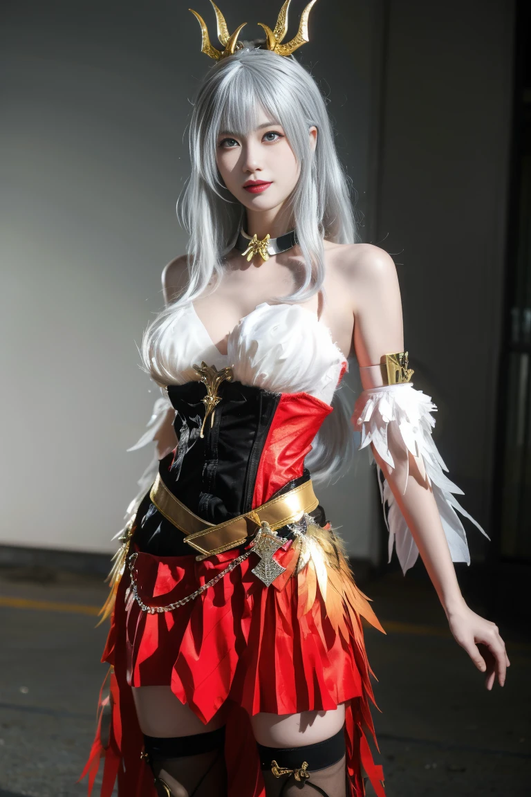 best quality, tmasterpiece,Ultra-high resolution,Clear face,（Reality：1.4），ferpect lighting，(upper body shot:1.5), (photorealistic:1.50), anime wallpaper, Guviz style artwork, cover-up fantasy up to magic , by Yang J, Guviz, beautiful artwork illustration, beautiful digital artwork, beautiful digital illustration, Li Song, beautiful anime portrait, art style in Beauvot, 1girl, 独奏, looking at viewer, smile, standing, full body, arms at side, cosplay costume, cosplay, silver hair, very long hair, hair ornament, jewelry, Earring, shirt, corset, skirt, plaid skirt, detached collar, detached sleeves, arm warmers, bowtie, bow, horns, o-ring, chain, thigh strap, hair ribbon, hair bow, thighhighs, torn thighhighs, knee boots, belt boots, platform boots, Curtain background, indoor, 