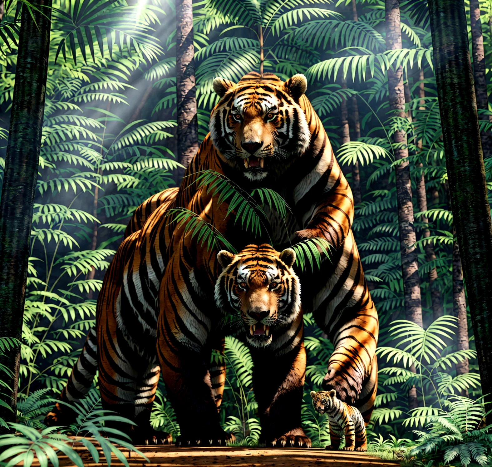 CREMA A LEONGIGANTE, NEXT TO A BEAR AND A TIGER, 8K, ULTRA-REALISTIC, IN THE JUNGLE WITH TREES