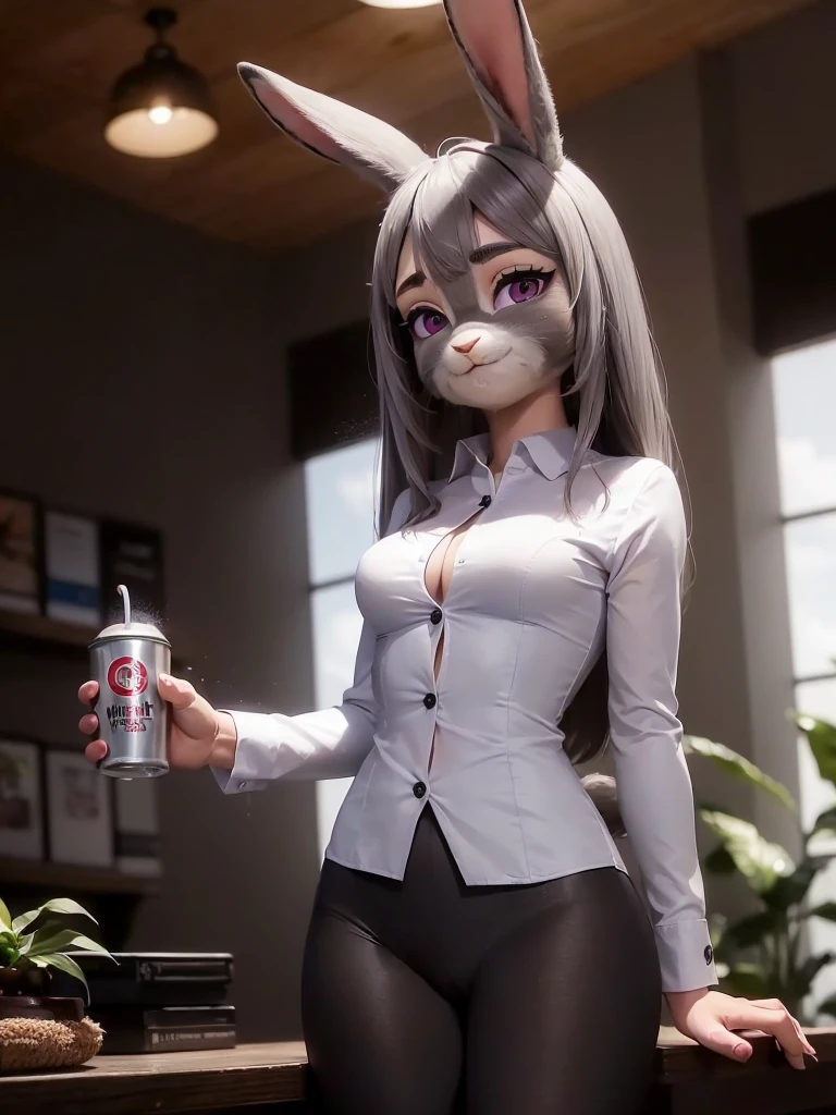 best quality,
masterpiece,
hyper Realistic,
ultra-detailed,
beautiful detailed,
4K,8K,High level,
PIXAR,
Photo real,
medium shot,
Looking at the audience upside,
(((background in office))),
Realistic lighting,
((anthropomorphic rabbit)),
detailed animals,
Complex patterns,
(furry:1.35),
(Whole skin is gray:1.35),
(body is fluffy and bushy:1.35), ((realistic fur body, Skin is hidden by body hair and cannot be seen)),
Realistic fur,
((human hands)),
(Face is JudyHopps:1.35),
((medium straight hair)),
dark brown heir,
((sidepart bangs)), bangs,
purple eyes,
{highlight on eyes, crisp eyes, sparkle in the eyes, round big pupils},
detailed iris,
(rised eyebrows:1.2),
(Crescent Brows:1.3),
(rabbit ears:1.1),
Smile,
Big Smile,
Innocent smile,
raised corners of mouth,
office lady is wearing suit,
((White silk blouse)) BREAK ((Gray blazer)) BREAK ((Black pants)),
((blouse, シャツ, ワイシャツ)), (((Hold a can coffee))), (((right hand take coffee)))
clothes made of wool,
(solo:1.5),
(1 lady:1.5),
one character only
alone,
Perfect Anatomy,
lighting forward,
lighting front,
ambient light,
natural light,
daylight white,
intricate details,
ray tracing,
photorealistic,