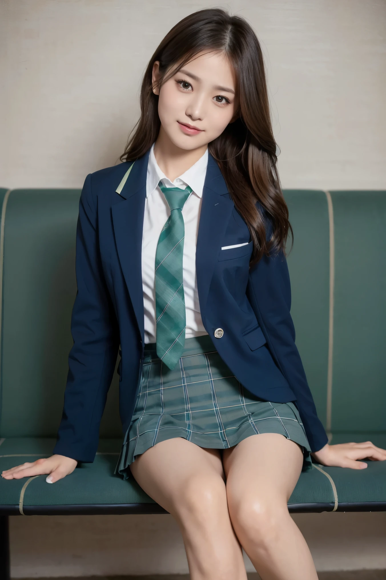 (8k), (highest quality: 1.2), (Realistic), (Realistic: 1.37), Ultra-high resolution, (1 girl), cute, blush,Embarrassed smile, Beautiful details, Beautiful Nose, straight Hair, Giant Dulcefo, pork, Thighs，Self Snap,University Uniforms,(A simple dark blue blazer:1.4),(green Pleated skirt:1.2),(The skirt and tie are black tartan check pattern.:1.3),(Sitting:1), Sit on the bench,(Hold my feet:1),from the front,knees,(ニーハソックス:1.5)