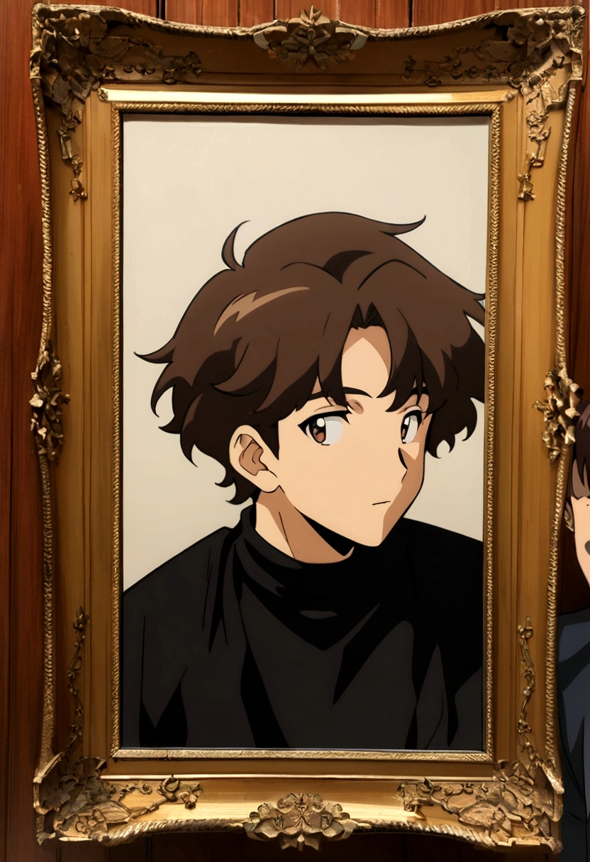 20-year-old male, long dark brown hair falling over the shoulders and part of the face, dark brown eyes, japanese anime art style, black jersey, profile photo framing, facing the front