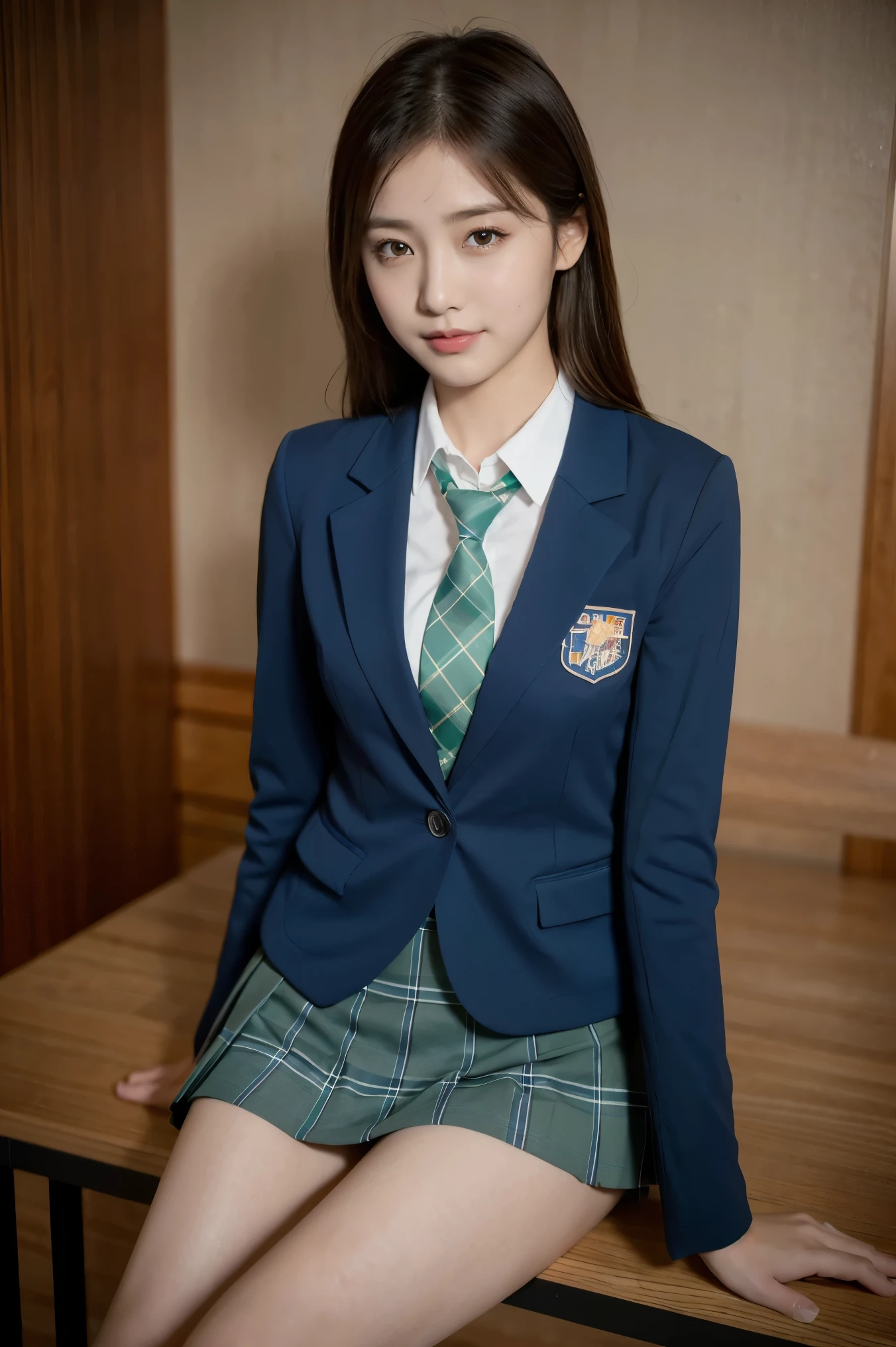 (8k), (highest quality: 1.2), (Realistic), (Realistic: 1.37), Ultra-high resolution, (1 girl), cute, blush,Embarrassed smile, Beautiful details, Beautiful Nose, straight Hair, Giant Dulcefo, pork, Thighs，Self Snap,University Uniforms,(A simple dark blue blazer:1.4),(green Pleated skirt:1.2),(The skirt and tie are black tartan check pattern.:1.3),(Sitting:1), Sit on the bench,(Hold my feet:1),from the front,knees,(ニーハソックス:1.5)