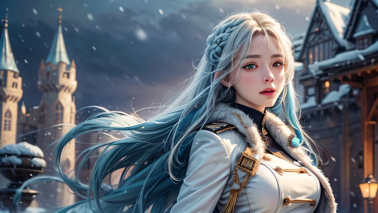 (highest resolution, distinct_image), realistic, Best quality, single person, one girl, solo, masterpiece, highly detailed, realistic, long hair, braided white blond hair, ((blue-colored military uniform underneath the coat)), depth of field, outdoor background, (falling snow), ((big breasts)), authoritative, dignified, calm and powerful expression, ambient lighting, exquisite facial feature, (fur-trimmed white coat), open coat, short skirt, looking at viewer, head to waist, (((castle, terrace))), background: 1.2, dynamic angle, light smile, detailed background, ((from front)), bust up