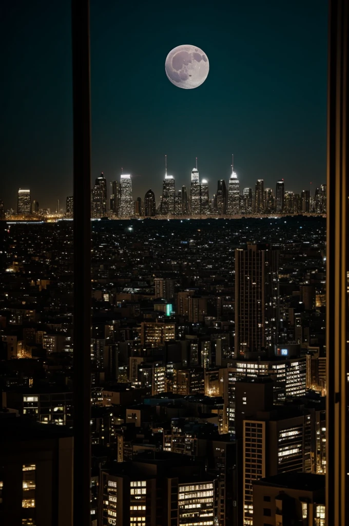 moon, buildings, and city lights from a window. dark brown shades.