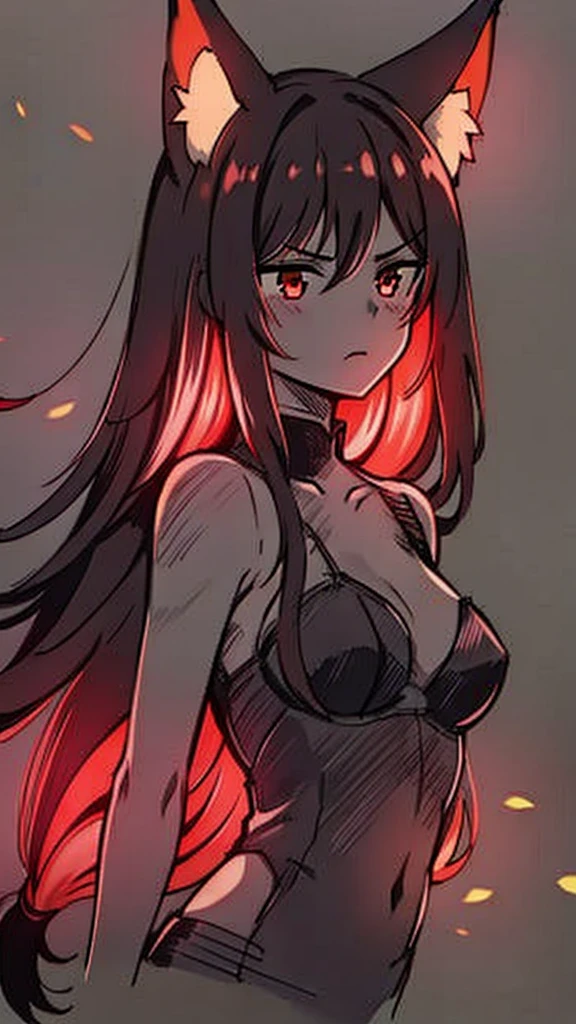 1girl ,20s,angry face,black bodysuit,(red hair),long hair,fox ears, sunny, stading in a park,SKETCH,DRAWING