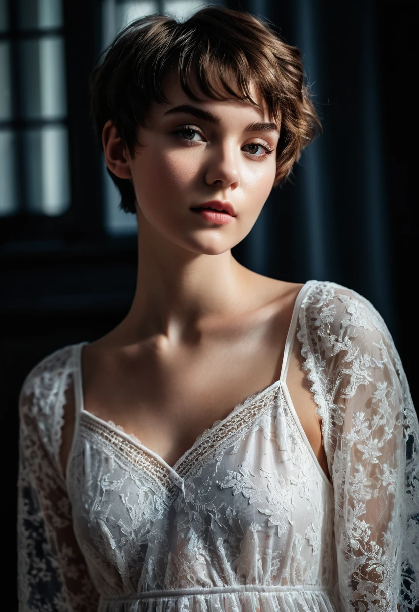 a waist up photograph of a beautiful 20-year-old model, with pixie cut hair, lace nightgown, fashion photography, high contrast, dramatic shadows, cinematic, photorealistic, 8k, best quality, hyper detailed