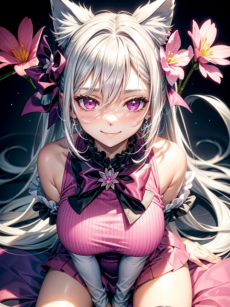 Silver hair, pink eyes, body, cat ears, sexy girl, earrings, flower sky background, pink green uniform, hair bows, sit down, happy face