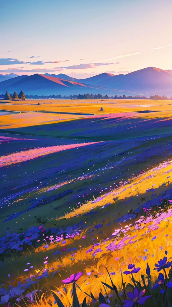 Wildflower plain under a blue sky: A wide plain covered with multi-colored wildflowers stretching to the horizon, and a clear blue sky with some scattered white clouds. Vibrant wallpaper HD 4K