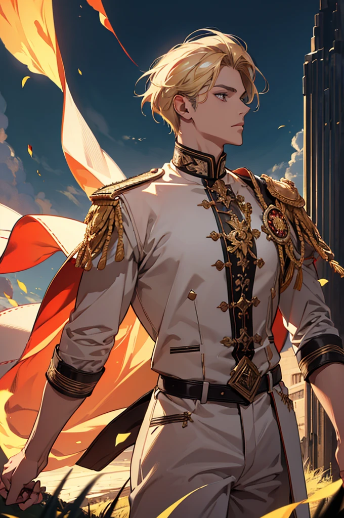 (absurdres, highres, ultra detailed), 1 male, adult, handsome, tall muscular guy, broad shoulders, finely detailed eyes and detailed face, fantasy, dark theme, cinematic lighting, colorful, portrait, flying petal, Flowery meadow, cloudy sky, building, sun, light, close up,side profile, blonde hair, golden hair, golden flames, white and red uniform, short hair, standing in front of sun