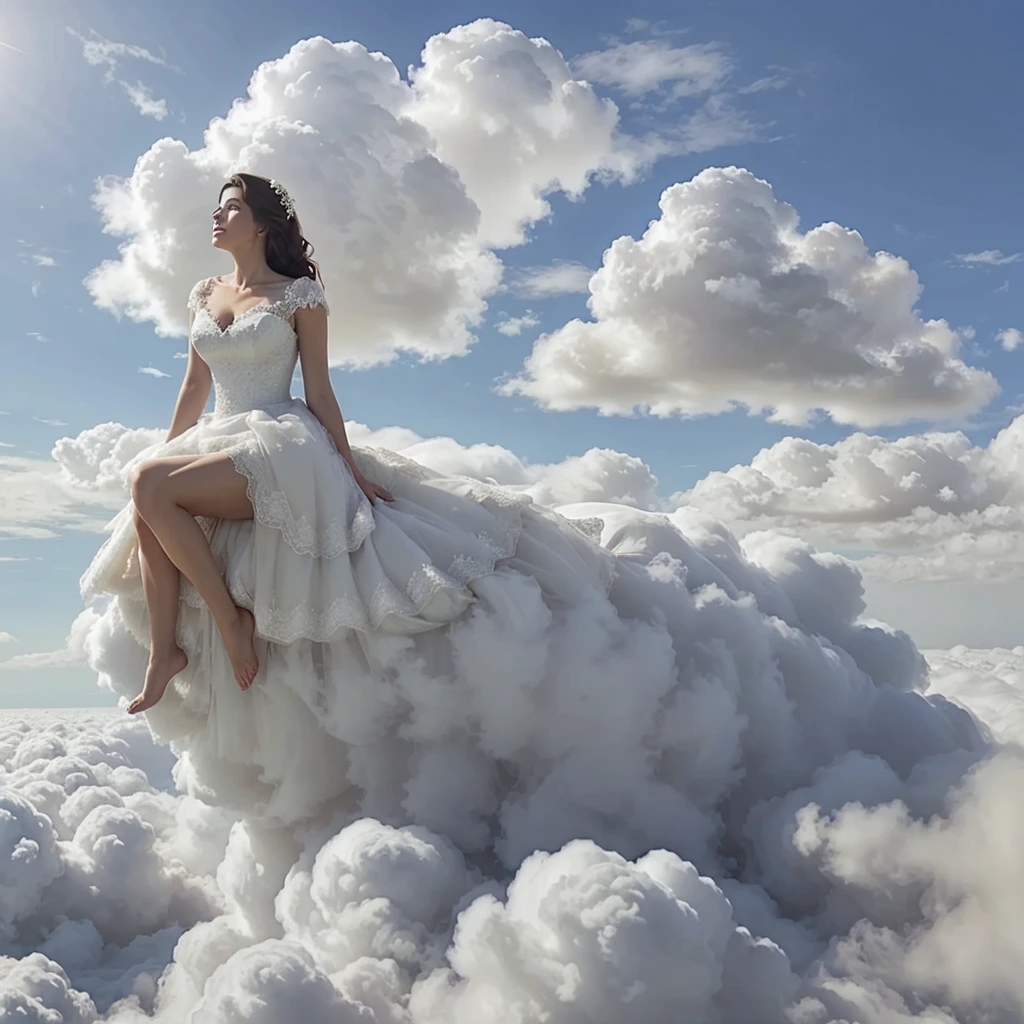 arafed woman sitting on a cloud with a wedding dress on, sitting in a fluffy cloud, lie on white clouds fairyland, cloud goddess, in white clouds fairyland, in a cloud, girl clouds, in the white clouds fairyland, giant clouds, white cloud, white fluffy cloud, standing on a cloud, fancy clouds, she is floating in the air