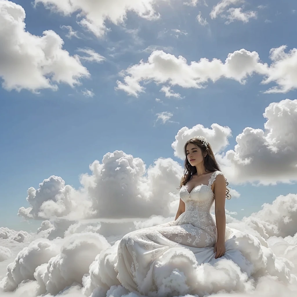 arafed woman sitting on a cloud with a wedding dress on, sitting in a fluffy cloud, lie on white clouds fairyland, cloud goddess, in white clouds fairyland, in a cloud, girl clouds, in the white clouds fairyland, giant clouds, white cloud, white fluffy cloud, standing on a cloud, fancy clouds, she is floating in the air