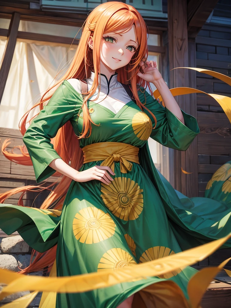 uzumaki_kushina, large_breasts, standing, solo, kushina_green_dress, masterpiece, best quality, detailed face, detailed eyes, highres, smile, (masterpiece:1.4, best quality:1.2), (Highres), (Detailed Illustration), Ultra-Detailed, konohagakure, uzumaki_kushina, kushina_green_dress, standing straight, looking in front,